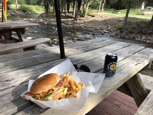 Diablo chicken sandwich with fries and an IPA next to the river. What more can you really ask for?