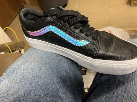 Old Skool Leather Kicks with rainbow detail and platform.