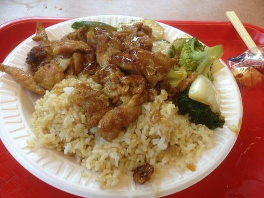 chicken teriyaki, mixed vegetables in garlic sauce, brown rice