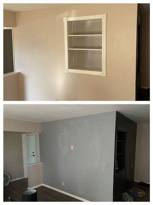 Removal of built in shelving. Making room for a new wall mount big screen tv.