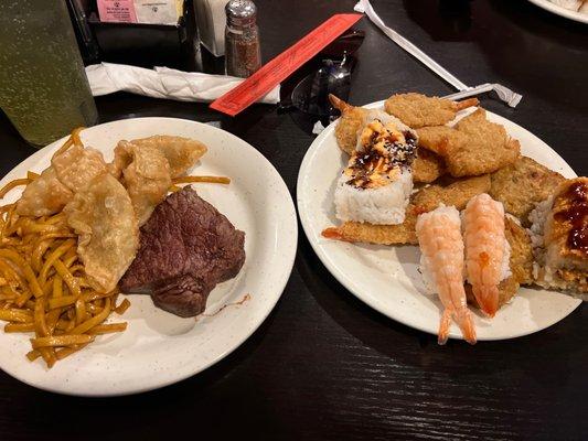 Pot stickers lo mien coconut sushi and spicy crab? Roll steak