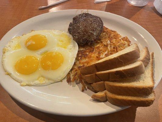 3 SSU eggs, sausage, hash browns an toast.