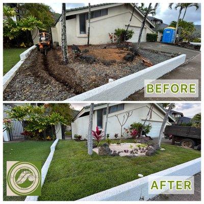 - Planter Bed and El-Toro Sod Installation.
- Installed Drainage and Sprinkler System.
- Concrete Side-Walk and Tile Installation.