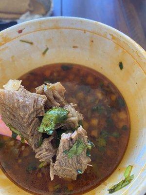 Beef Birria Order Shredded Beef Bowl with Broth. Meat was tough and in large pieces. Cannot cut with fork .