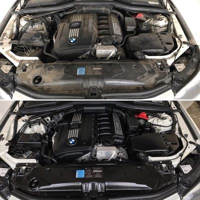 Before and after of our engine steam cleaning and detail.