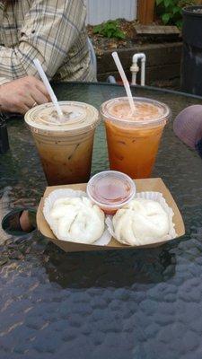 Freshly made pork buns with Thai iced tea and Thai iced coffee