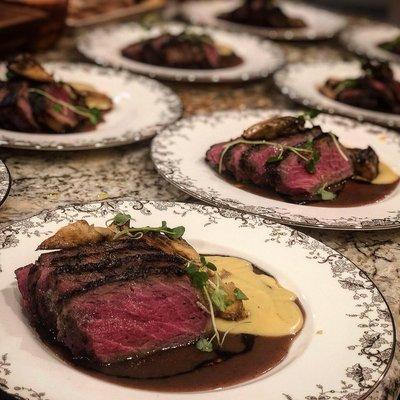 Dry-Aged NY Strip - smoked potato - hen of the woods mushrooms