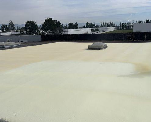 Polyurethane coating on roof prior to seal coating.