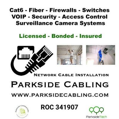 Network cable installation for businesses. CAT6, Fiber, Voice, Audio, Access Control Systems, Security Cameras