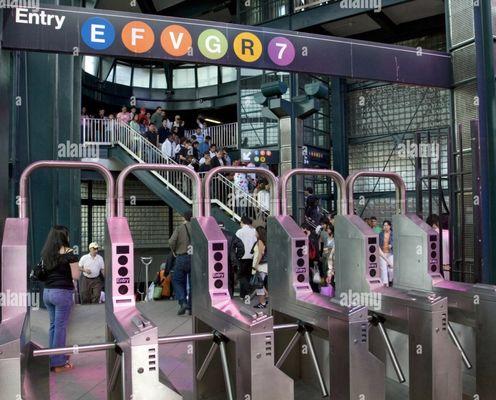 Mezzanine turn style entrance to the subway station, at Roosevelt Ave. NYC.