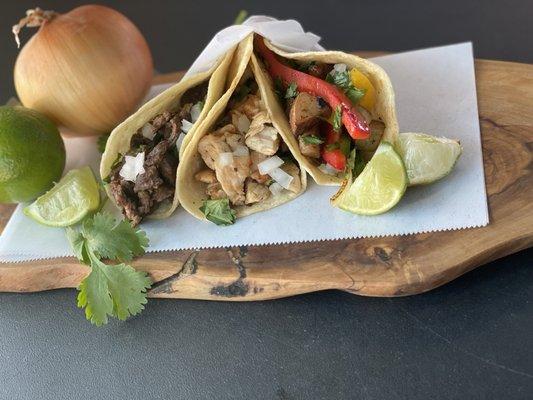 Carne Asada, Chicken, Veggie Tacos