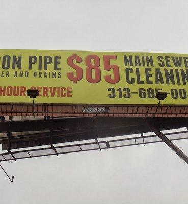 Main sewer and drain cleaning for the low price of 85 dollars any time were open 24 hours 7 days a week.Were a proud plumbing company. Thank