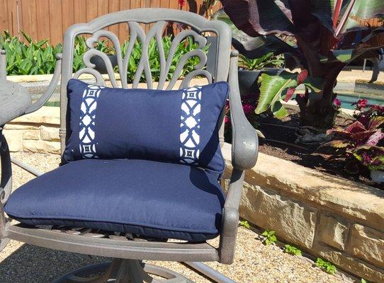 Updated outdoor chair cushion and throw pillow