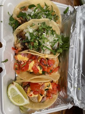 shrimp tacos and carnitas (you can mix and match 2 meats)