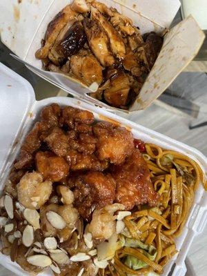 2 Entree with Noodles general tso and almond shrimp...loaded!!! A la carte teriyaki chicken