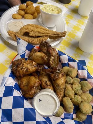 Wings and okra (front) and catfish and corn nuggets (back)