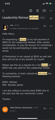 My initial request for refund