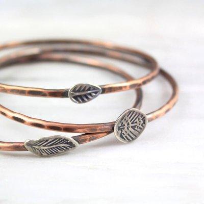 Hand stamped copper and silver bangle bracelets