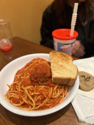 Kids Spaghetti w/ Meatball (served w/ a cookie, drink, & toy)