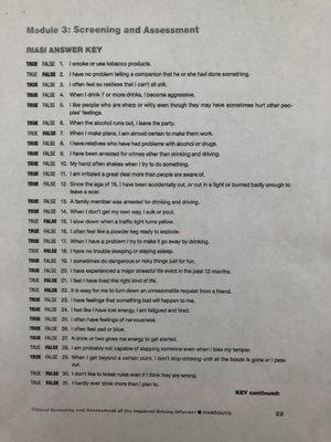 1/2 Screening tool answer key for DWIs. Even with a perfect score they will recommend treatment b/c they are scammers.