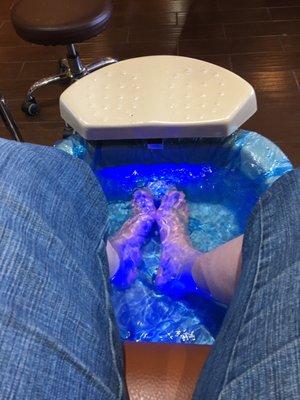 My feet in the spa bath it had LEDs in it that changed colors!