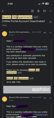 Emails from their online portal showing they deleted my account 10 minutes after they found out they were being sued.