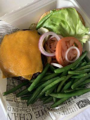 Brisket Short Rib burger with fresh green beans