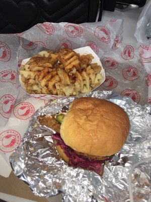 Their cabbage pickle fried chicken soo yummy $12 and spicy waffle fries $6 not so spicy lol