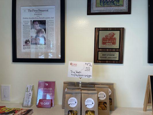 Dog treat and awards and articles about them at Cookie...Take A Bite! at the Larkfield Shopping Center in San Rosa.