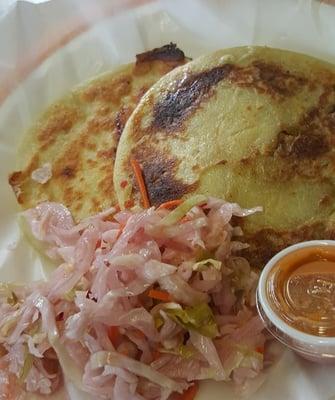 Salvadoran pupusas w/ cabbage salad and tomato