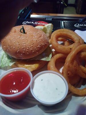 Fish sandwich and onion rings