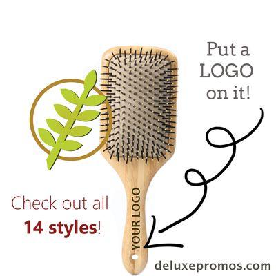 Custom logo'd renewable bamboo hairbrush for business promotion. Promote sustainably at deluxepromos.com.