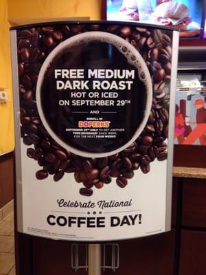 Free coffee all day long..  September 29th 2015..   It's National coffee day 2015..