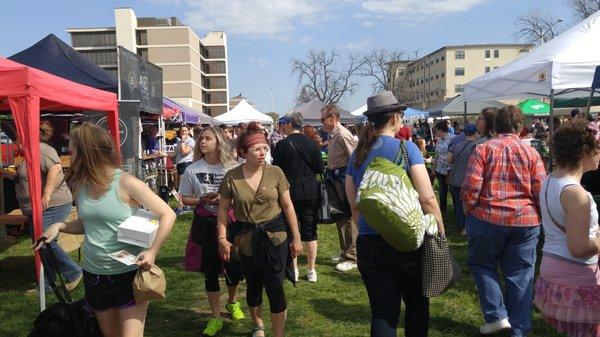 A bustling Saturday in 2017 at the Denton Community Market. Open 9AM to 1PM April through November.