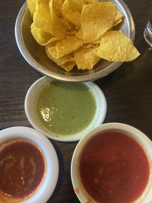 Chips, salsa, salsa rojo and green verde sauce!  So so good!  I could have made a meal of just this!  Yummy