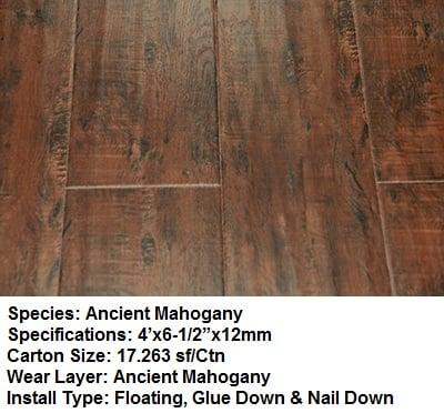 SPECIFICATIONS
  
  Species: Laminate Floor
  Specifications: 4'x6-1/2"x12mm
  Carton Size: 17.263 sf/Ctn
  Wear Layer: Ancient Mahogany