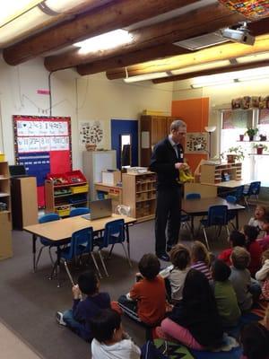 Dr. Sjostrom of Sandia Pediatric Dentistry is visiting kids at Monzano Day School for Children's Dental Health month.