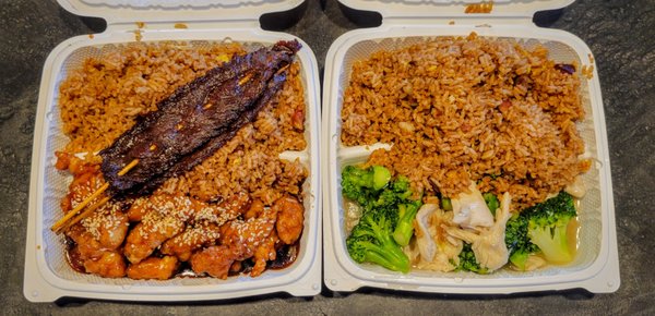 Sesame chicken & chicken/broccoli combo meals w/ pork fried rice w/ teriyaki sticks and egg roll for sides.