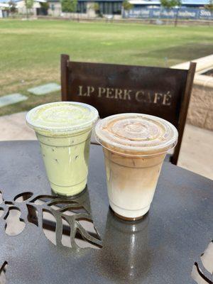 Iced Matcha and Carmel macchiato