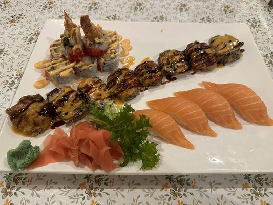 Shrimp Tempura Roll, Golden Temple Roll, Salmon Sushi