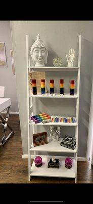 Display of crystals,candles and incense