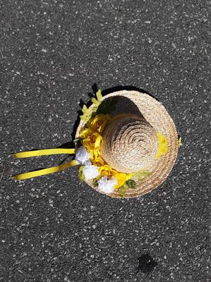 DIY Straw Hat Wreath With Yellow and White Flowers with Yelow Ribbon and Put Gorilla Hot Glue Gun and Gorilla Hot Glue Sticks