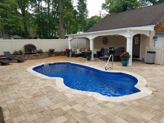 New Inground Fiberglass Pool With Travertine Coping, Burlington NJ