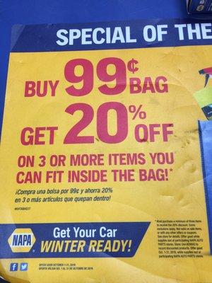 They ran out of the cloth bags but this promo still saves 20% on 3 or more DIFFERENT PART number items. Ends 10/31/19