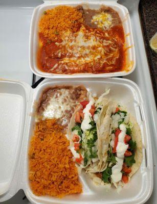 Enchiladas tacos rice and beans