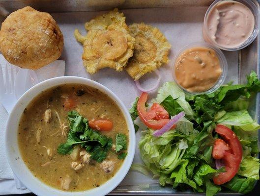 Asopao (chicken stew, tostones, side salad) for $9 plus a relleno de papa for $3