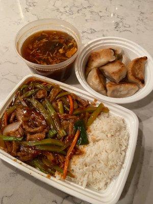 Hunan beef, pork dumpling, hot and sour soup