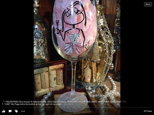 One of our Sassy Hand Painted Wine glasses,Blinged out in Swarovski Crystal Give-Aways..  WineWithRobYnWitha-Y facebook page