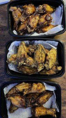 T to B: sweet chili wings, lemon pepper wings, sticky ginger garlic wings