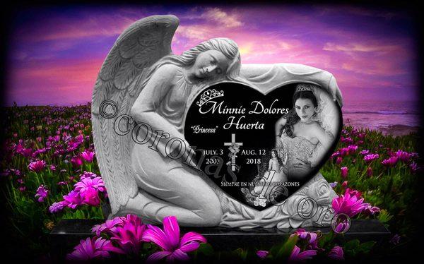 Monument upright headstone tombstone photo engraving memorial cemetery angel coronas de Oro